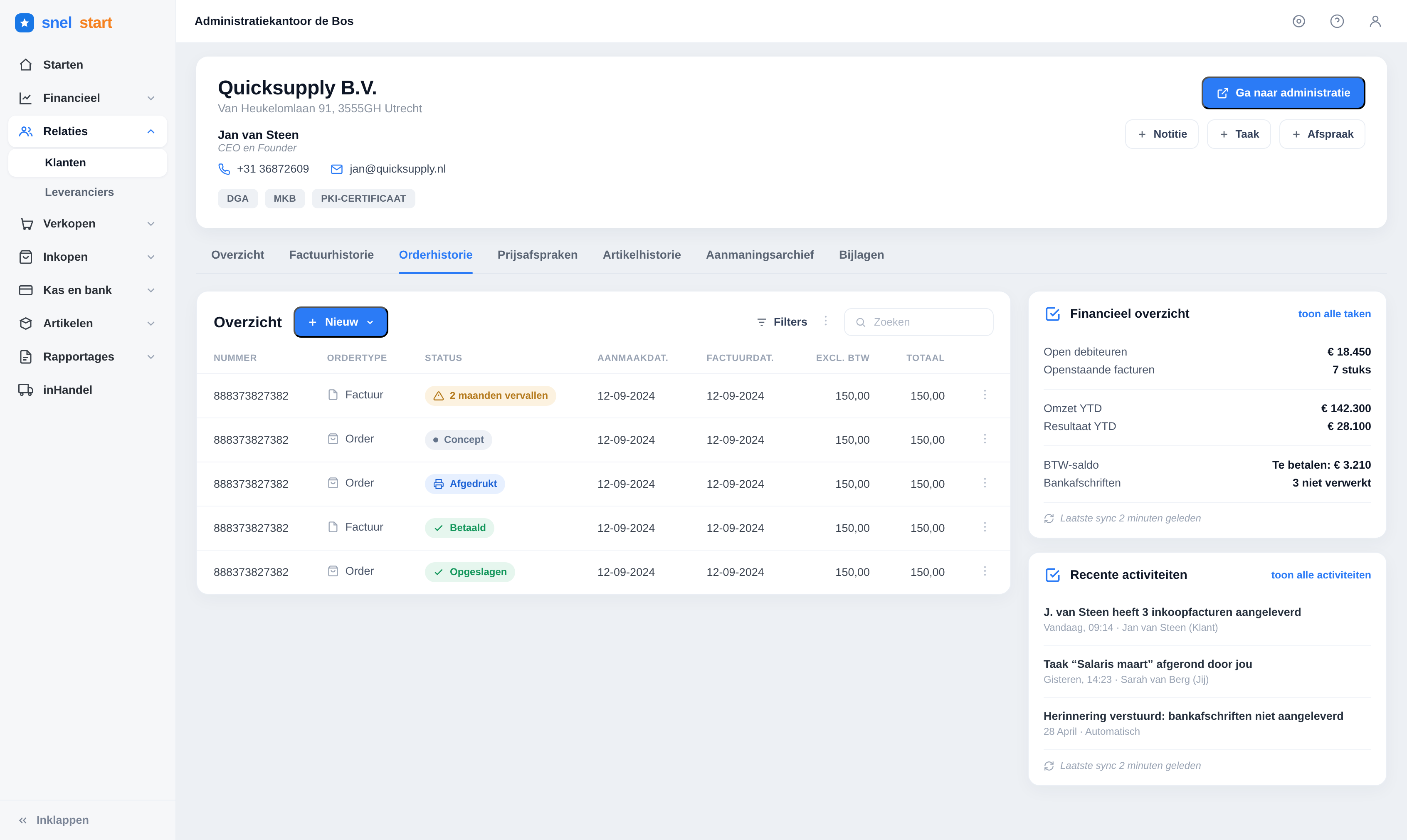 The relation overview for entrepreneurs — order history and activity